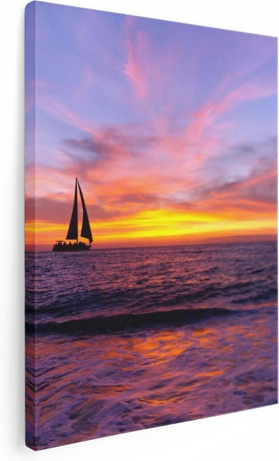 Artaza Canvas Schilderij Zonsondergang Zee - 30x40 cm - Klein - Wanddecoratie Strand - Muurdecoratie Zeilboot - Kamer Accessoires Woonkamer