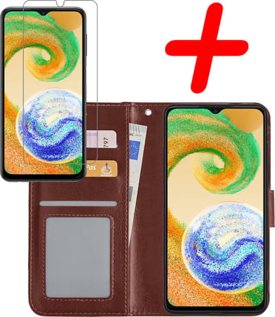 Hoesje Met Screenprotector - Geschikt voor Samsung Galaxy A04s - Luxe Pasjeshouder - Bookcase Portemonee - Flip Case - Kunstleer Book Case - Flipcase - Book Cover - Walletcase - Portemonneehoes - Bruin