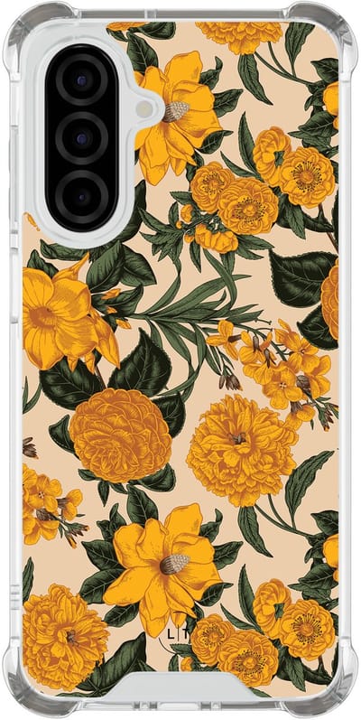 Shockproof hoesje - Geschikt voor Samsung Galaxy A26 - Retro flowers - Extra sterke case - TPU/polycarbonaat - Bloemen - Oranje, Transparant