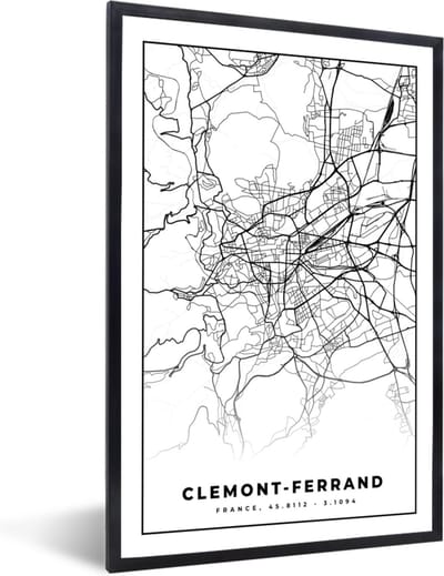 Fotolijst incl. Poster Zwart Wit- Clermont-Ferrand - Frankrijk - Kaart - Plattegrond - Stadskaart - Zwart wit - 40x60 cm - Posterlijst