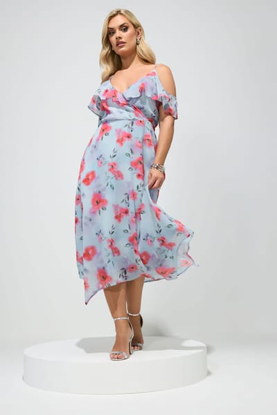Yours London Blauwe Wikkeljurk Met Bloemenprint Size 42