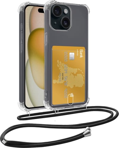 Hoesje Geschikt voor iPhone 15 Telefoonhoesje Met Koord Case Pashouder Siliconen - Hoes Geschikt voor iPhone 15 Hoesje Met Kaarthouder - Transparant