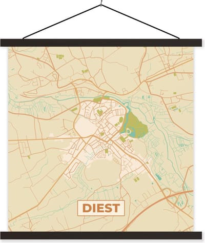 Posterhanger incl. Poster 60x60 cm - Schoolplaat - België - Kaart - Stadskaart - Plattegrond - Diest - Textielposter - Zwarte latten - Stadskaart