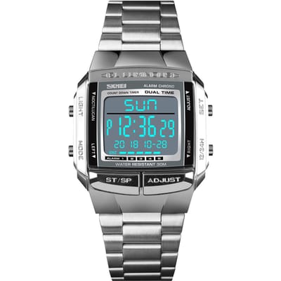 SKMEI 1381 Mannen Analoog Digitaal Horloge Mode Casual Sport Horloge 2 Tijd 5 Alarm 3ATM Waterdicht Roestvrij Stalen Band zilver