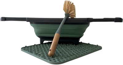 HEM Opvouwbare Afwasteil met Ingebouwde Stop 8L, Bamboe Afwasborstel en Groene Siliconen Afdruipmat 29,5x26 cm – Complete Set voor Camping en Thuisgebruik
