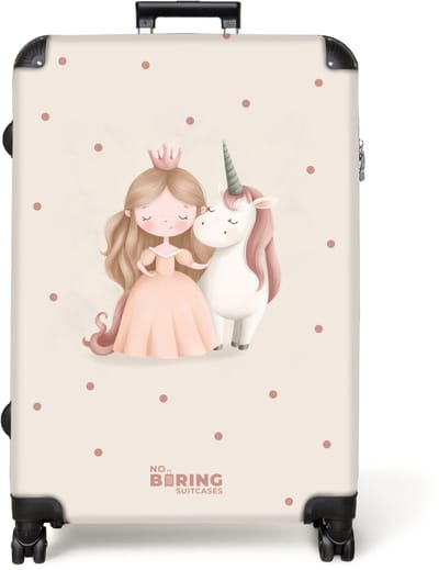NoBoringSuitcases.com® - Koffer groot - Reiskoffer lichtgewicht - Prinses en een eenhoorn in pastel kleuren - Rolkoffer met 4 wielen - Grote trolley XL - 98 liter bagage