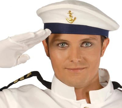 Fiestas Guirca Marine verkleed baret/hoed - wit/blauw - met gouden scheepsanker - volwassenen