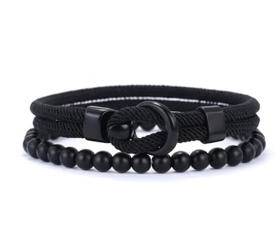 Set van 2 heren armbanden – zwarte koordarmband met lus en zwarte kralenarmband