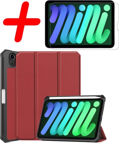 Hoesje Geschikt voor Apple iPad Mini 6 (2021) - 8.3 inch - 6e Generatie - Met Screenprotector - Trifold Bookcase - Hard Cover Case - Met Uitsparing Geschikt voor Apple Pencil - Hardcover Book - Tablet Hoes - Donkerrood