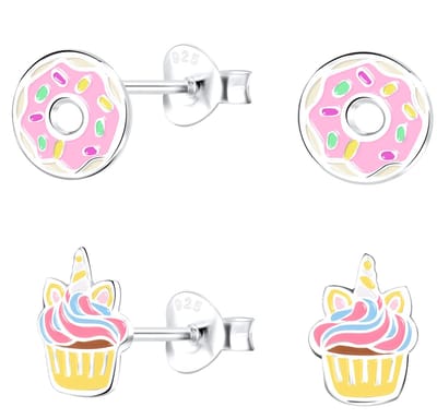 Joy|S - Zilveren donut en cupcake oorbellen set - 2 paar - kinderoorbellen