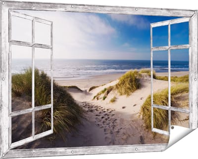 Gards Tuinposter Doorkijk Strand en Duinen - 150x100 cm - Tuindoek - Tuindecoratie - Wanddecoratie buiten - Tuinschilderij