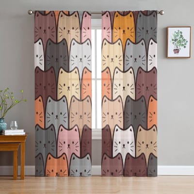 Grappige Katten Transparante Gordijnen voor Woonkamer Transparante Tule Raambekleding Slaapkamer Keuken Huisdecoratie Sluier Gordijnen 135W x 114H(cm) black