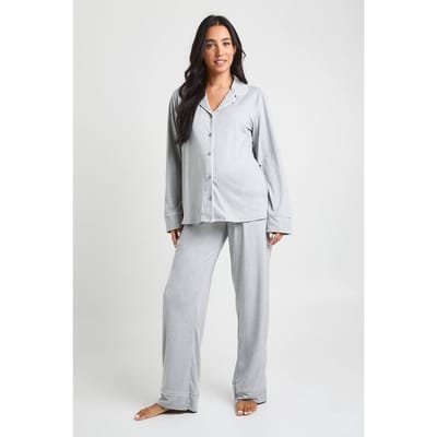 boohoo Dames Zwangerschaps pyjamaset met pijpdetail: lange mouwshirt & broek | Grijze Mergel | Maat: 36