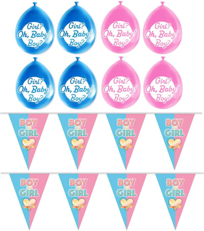 Funny Fashion Gender reveal babyshower thema vlaggetjes slinger - 2x 5 meter - en 16x ballonnen - versiering