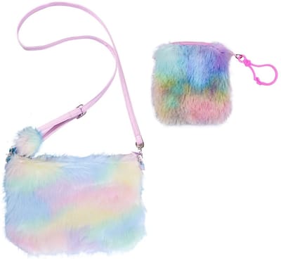 Dailygoods- Kindertas Regenboog Pluche - Schoudertas - Meisjes Tas - Veelkleurig - Inclusief Portemonnee - Afmetingen 23,5 x 16,5 cm
