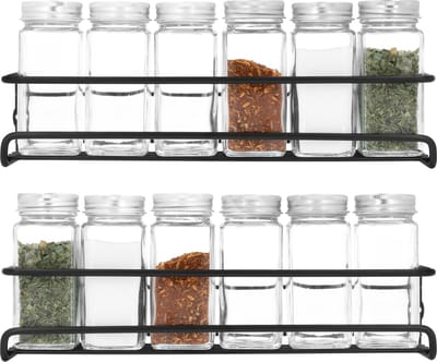 QUVIO Kruidenrekjes + 12 Krumble Kruidenpotjes - Set van 2 - Kruidenplankjes - Met kruidenpotjes - Voor aan de wand - Specerijenrekje - Metaal - Zwart