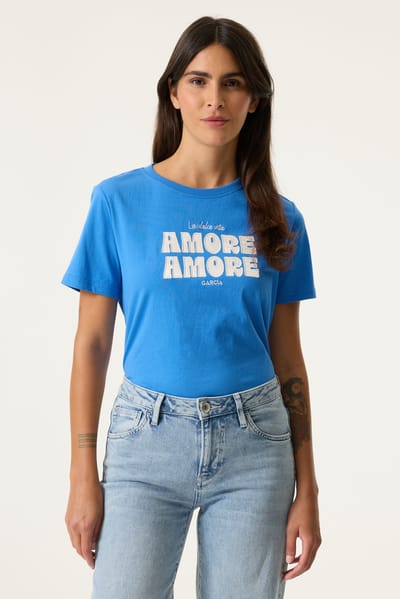 GARCIA Dames Tekst Print T-shirt Blauw Korte mouw