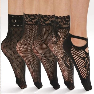 5 Paires Chaussettes Dentelle Vintage pour Femmes Été Maille Élastique Transparentes Cheville Lolita Polyvalentes Filet de Pêche Chaussettes Noires brown