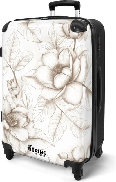 NoBoringSuitcases.com® - Koffer groot - Rolkoffer lichtgewicht dames - Wit met beige bloemen - Reiskoffer met 4 wielen - Valies grote trolley XL op wieltjes - Harde reistrolley met TSA slot - 20 kg bagage - Reizen