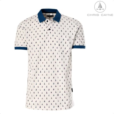 Chris Cayne heren poloshirt - M - offwhite/blauw/lila - nautisch - bootje - sailing - pique - Katoen - borstzak