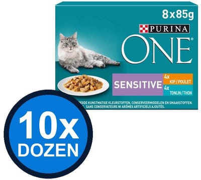 10x Purina One - Sensitive Adult Kip, Tonijn & Wortels in Saus (8x85g) - Kattenvoer Natvoer - 680 g