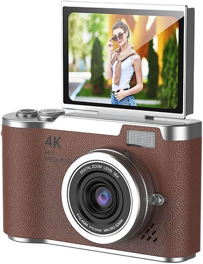 4K Digitale Camera voor Foto's – 48 MP met Kantelbaar Scherm, Draagbare Retrocamera met Kantelbaar Scherm, Selfiecamera met 8x Zoom, Vlogcamera – Camera voor Kinderen en Volwassenen, Compacte Retrocamera voor Buitengebruik (Bruin, 1 Set)