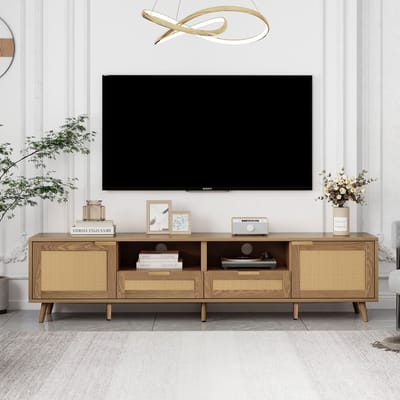 Sweiko TV console tafel, 200*37*49cm, TV kast met echt rotan ontwerp, TV kast met massief houten voeten+ MDF, Gevlochten rotan TV borden
