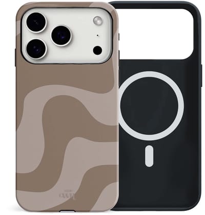 xoxo Wildhearts siliconen hoesje geschikt voor iPhone 17 Pro MagSafe hoesje - Ride With Me Brown - Double Layer - Magnetisch telefoonhoesje - Magneet case - Backcover met dubbele bescherming - Golvenprint - Golvend patroon - Beige / Bruin