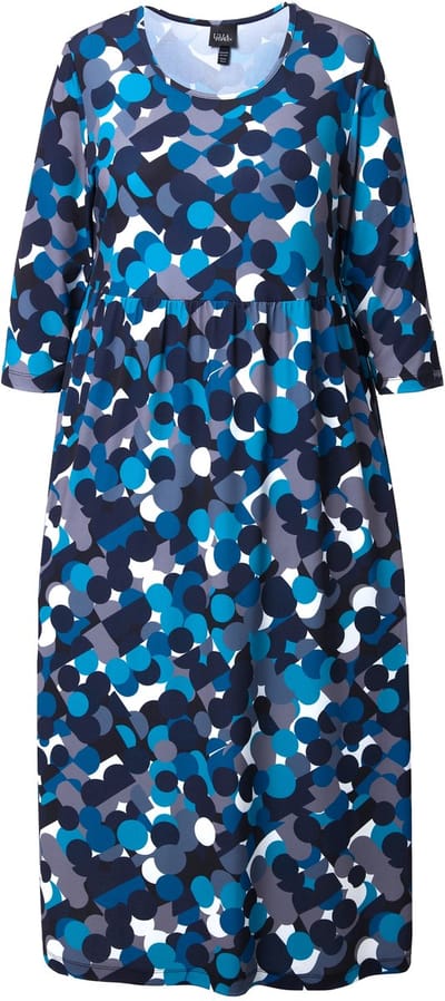 Ulla Popken - Dames - Jersey jurk stippen A-lijn ronde hals 3/4-mouw - Zwart - Maat 58+