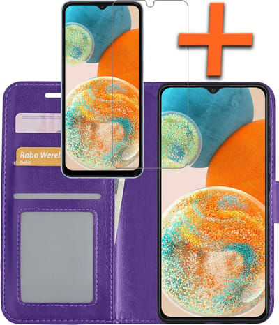 Hoes - Met Screenprotector - Geschikt voor Samsung Galaxy A23 - Luxe Pasjeshouder - Bookcase Portemonee - Flip Case - Kunstleer Book Case - Flipcase - Book Cover - Walletcase - PortemonneeHoes - Paars