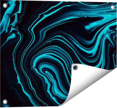 Gards Tuinposter Abstracte Kunst - Aqua Blauw met Zwart - 50x40 cm - Tuindoek - Tuindecoratie - Wanddecoratie buiten - Tuinschilderij
