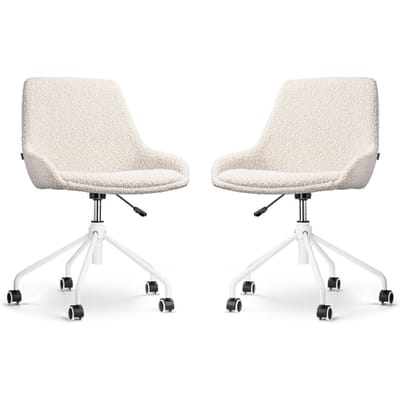 Nolon Nout-Isa Bureaustoelen Set van 2 Bouclé Beige - Stof - Verstelbaar - Wielen - Zonder Armleuning - Wit Onderstel