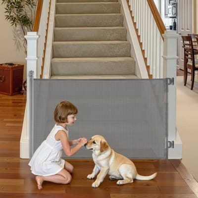 VEVOR Intrekbaar Babyhekje, Hondenhekje, Uitschuifbaar Tot 145 Cm Breed / 98 Cm Hoog, Traphekje met Veiligheidsslot, Gaasveiligheidshekje voor Trappen En Gangen, Binnen/Buiten, Grijs