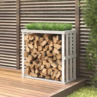Brandhoutrek met Plantenbak - Houtopslag Rek - Tuin Opslag - Geïntegreerde Plantenbak - 108 x 52 x 106 cm - Wit