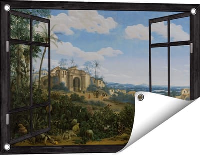 Gards Tuinposter Doorkijk Gezicht op Olinda, Brazilië - Frans Jansz. Post - 60x40 cm - Tuindoek - Tuindecoratie - Wanddecoratie buiten - Tuinschilderij