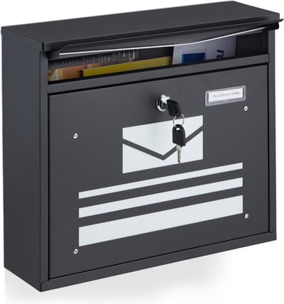 brievenbus met slot - tekening van enveloppe - afsluitbaar - 2 sleutels - 31 x 36 x 11 cm - staal - zwart