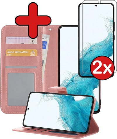 Hoesje - Met 2x Screenprotector - Geschikt voor Samsung Galaxy S22 - Luxe Pasjeshouder - Flip Case - Bookcase Portemonee - Kunstleer Book Case - Flipcase Hoes - Book Cover - Walletcase - Portemonneehoes - Telefoonhoes - Rosé goud