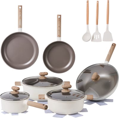 Alice by ISENVI Pannenset Inductie - Keramisch - 17 Delig - PFAS, PTFE Vrij - Alle warmtebronnen - Beige