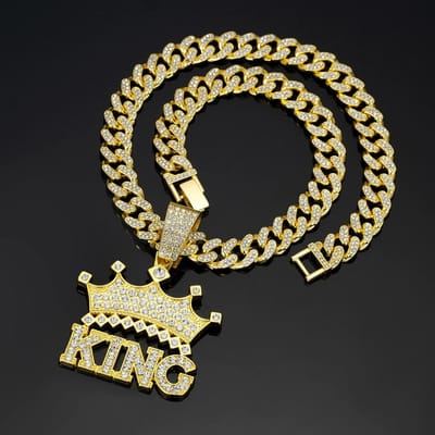 Heren Hip Hop Kroon met Koning Hanger Ketting met 13mm Kristallen Cubaanse Ketting HipHop Iced Out Bling Kettingen Mode Bedel Sieraden beige