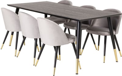 Dipp180x90BLBR eethoek eetkamertafel zwart en 6 Velvet eetkamerstal velours lichtgrijs.