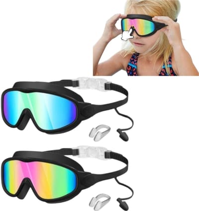 2-delige set - High-definition zwembril voor kinderen - Anti-condens, zonbescherming, met oordopjes en neusclip - Zwembrillen - Speelbril voor in het water - 16*7,5 cm - Voor kinderen van 3 tot 15 jaar om te dragen tijdens het zwemmen - Zwart