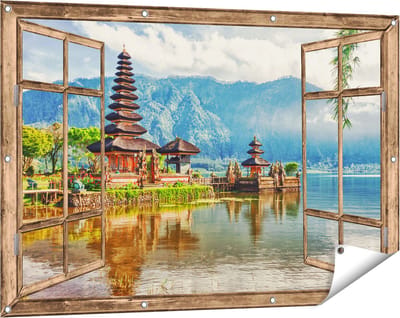 Gards Tuinposter Doorkijk Pura Tempel in Bali op het meer Beratan - 120x80 cm - Tuindoek - Tuindecoratie - Wanddecoratie buiten - Tuinschilderij