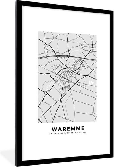 Fotolijst incl. Poster Zwart Wit- Stadskaart – Zwart Wit - Kaart – Waremme – België – Plattegrond - 80x120 cm - Posterlijst