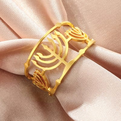 Likgreat Menora Ring Dames Verstelbare Roestvrij Staal Bruiloftsband Voor Mannen Religieuze Joodse Jerum Ring Hanukkah Sieraden Cadeau resizable beige