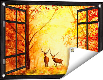 Gards Tuinposter Doorkijk Getekende Herten in het Bos - Herfst - 60x40 cm - Tuindoek - Tuindecoratie - Wanddecoratie buiten - Tuinschilderij