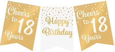 Vlaggenlijn | Set á 3 stuks | Feestvlaggen banner goud wit | met tekst 18 jaar | 6 meter | 10 vlaggen | hoogte 20 cm