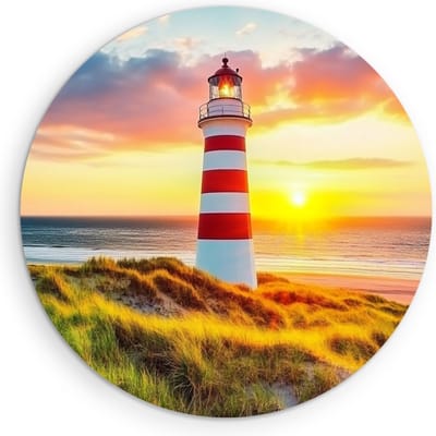 Saammp Muurcirkel Hout - Vuurtoren bij zonsondergang - strand en zee - Ø 90 - Wandcirkel - Wanddecoratie Cirkel - muurdecoratie Woonkamer - Slaapkamer decoratie - Rond Schilderij