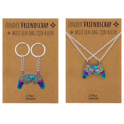 BFF Ketting + Sleutelhanger voor 2 'Zonder Vriendschap mist een dag zijn kleur' - Magnetische Controller - Bundel op Cadeau Kaartje - Zilverkleurig met Regenboog effect - Vriendschap Symbool - Pax Amare