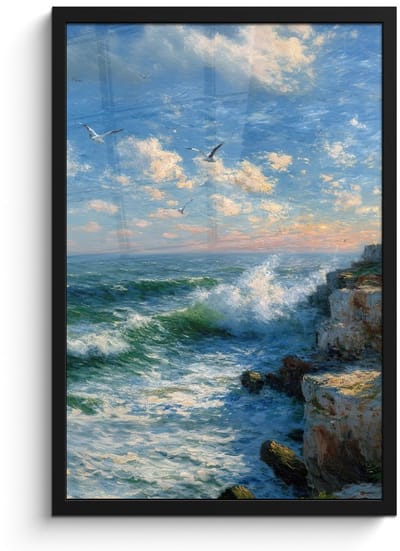 Poster in lijst - Fotolijst 40x60 cm - Posters - Zee - Golven - Rotsen - Meeuwen - Posterlijst zwart - Decoratie - Wanddecoratie woonkamer - Muurdecoratie slaapkamer
