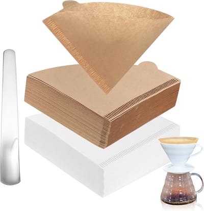 200 Stuks Koffiefilterpapier voor V60, Conische Ongebleekte Filters voor Koffiezetapparaat en Pour-Over Koffie (1-2 Kopjes), Inclusief Roestvrijstalen Lepel